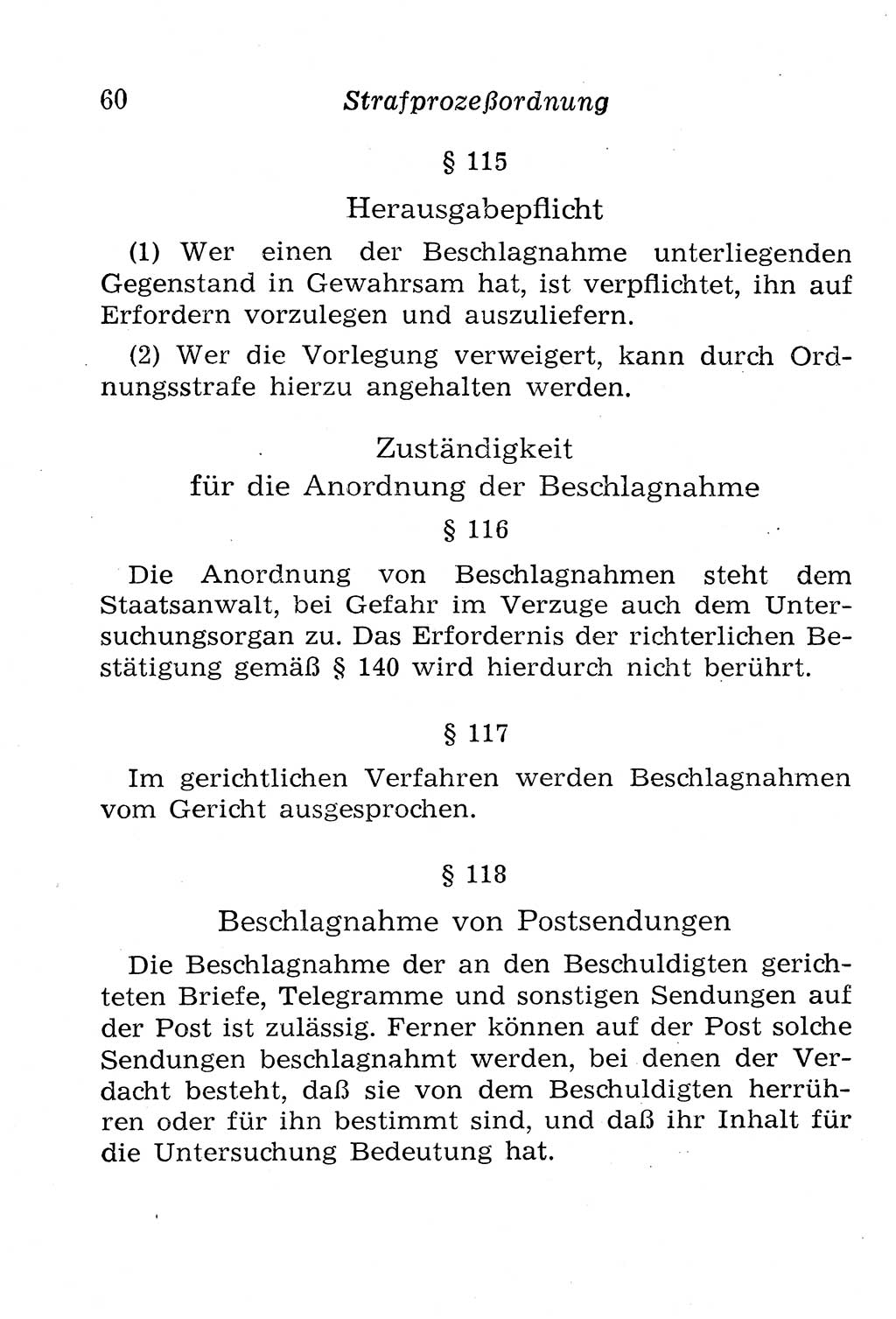 Strafprozeßordnung (StPO), Gerichtsverfassungsgesetz (GVG), Staatsanwaltsgesetz (StAG), Jugendgerichtsgesetz (JGG) und Strafregistergesetz (StRegG) [Deutsche Demokratische Republik (DDR)] 1958, Seite 60 (StPO GVG StAG JGG StRegG DDR 1958, S. 60)