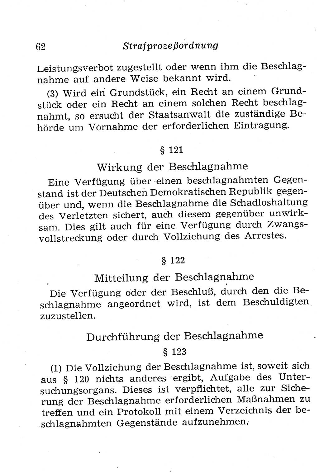 Strafprozeßordnung (StPO), Gerichtsverfassungsgesetz (GVG), Staatsanwaltsgesetz (StAG), Jugendgerichtsgesetz (JGG) und Strafregistergesetz (StRegG) [Deutsche Demokratische Republik (DDR)] 1958, Seite 62 (StPO GVG StAG JGG StRegG DDR 1958, S. 62)
