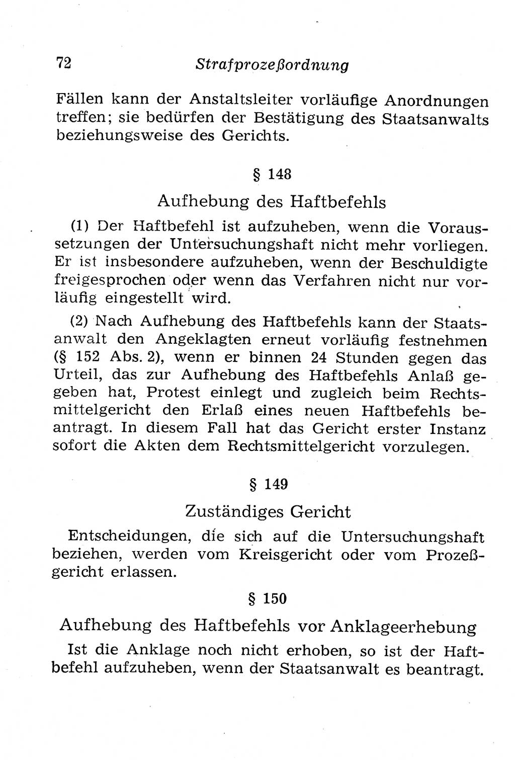 Strafprozeßordnung (StPO), Gerichtsverfassungsgesetz (GVG), Staatsanwaltsgesetz (StAG), Jugendgerichtsgesetz (JGG) und Strafregistergesetz (StRegG) [Deutsche Demokratische Republik (DDR)] 1958, Seite 72 (StPO GVG StAG JGG StRegG DDR 1958, S. 72)