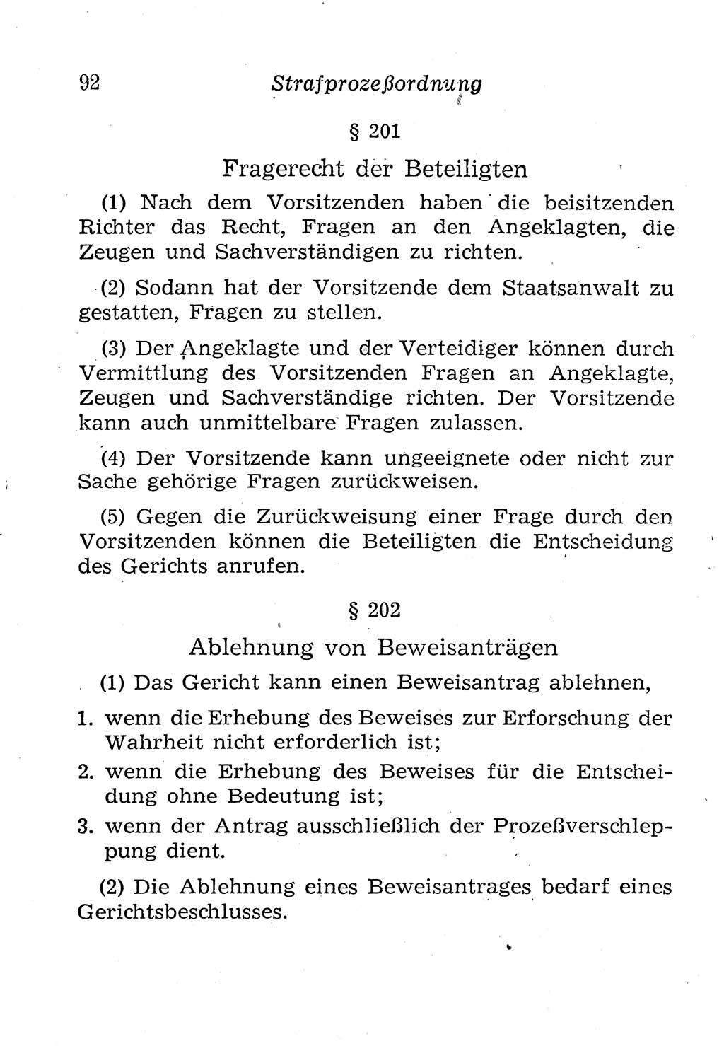Strafprozeßordnung (StPO), Gerichtsverfassungsgesetz (GVG), Staatsanwaltsgesetz (StAG), Jugendgerichtsgesetz (JGG) und Strafregistergesetz (StRegG) [Deutsche Demokratische Republik (DDR)] 1958, Seite 92 (StPO GVG StAG JGG StRegG DDR 1958, S. 92)