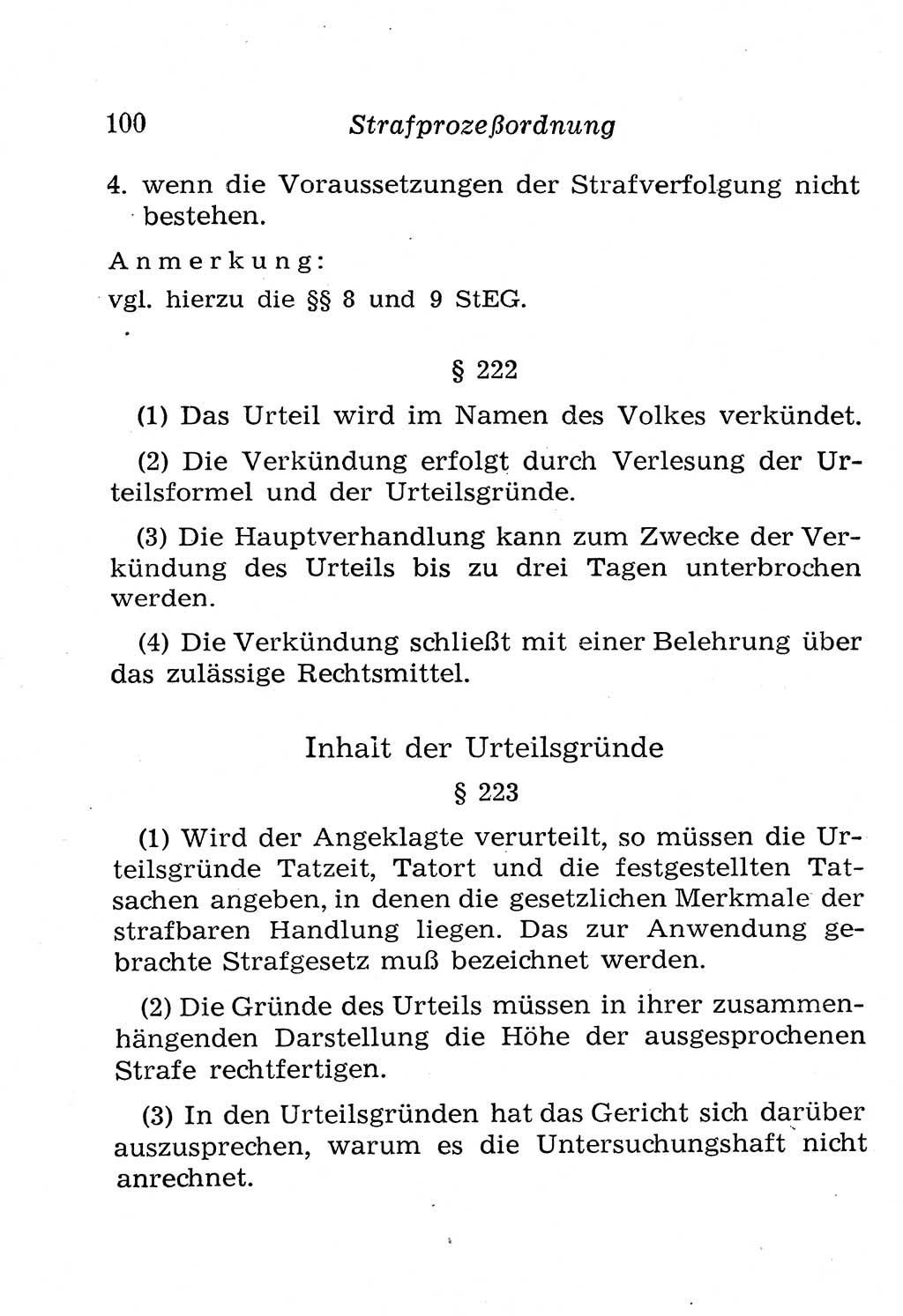 Strafprozeßordnung (StPO), Gerichtsverfassungsgesetz (GVG), Staatsanwaltsgesetz (StAG), Jugendgerichtsgesetz (JGG) und Strafregistergesetz (StRegG) [Deutsche Demokratische Republik (DDR)] 1958, Seite 100 (StPO GVG StAG JGG StRegG DDR 1958, S. 100)