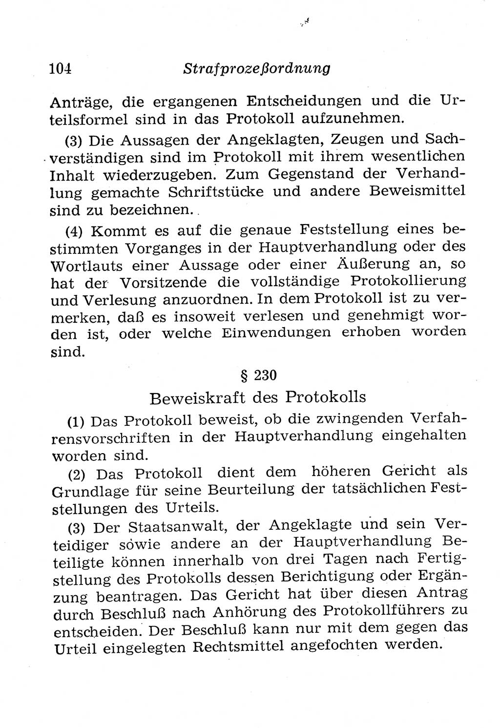 Strafprozeßordnung (StPO), Gerichtsverfassungsgesetz (GVG), Staatsanwaltsgesetz (StAG), Jugendgerichtsgesetz (JGG) und Strafregistergesetz (StRegG) [Deutsche Demokratische Republik (DDR)] 1958, Seite 104 (StPO GVG StAG JGG StRegG DDR 1958, S. 104)