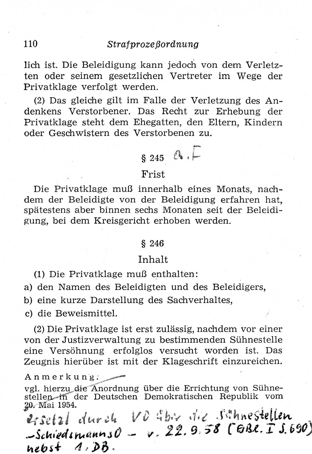 Strafprozeßordnung (StPO), Gerichtsverfassungsgesetz (GVG), Staatsanwaltsgesetz (StAG), Jugendgerichtsgesetz (JGG) und Strafregistergesetz (StRegG) [Deutsche Demokratische Republik (DDR)] 1958, Seite 110 (StPO GVG StAG JGG StRegG DDR 1958, S. 110)