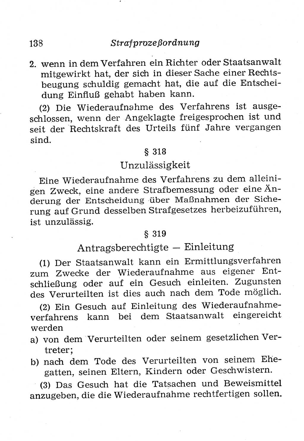 Strafprozeßordnung (StPO), Gerichtsverfassungsgesetz (GVG), Staatsanwaltsgesetz (StAG), Jugendgerichtsgesetz (JGG) und Strafregistergesetz (StRegG) [Deutsche Demokratische Republik (DDR)] 1958, Seite 138 (StPO GVG StAG JGG StRegG DDR 1958, S. 138)