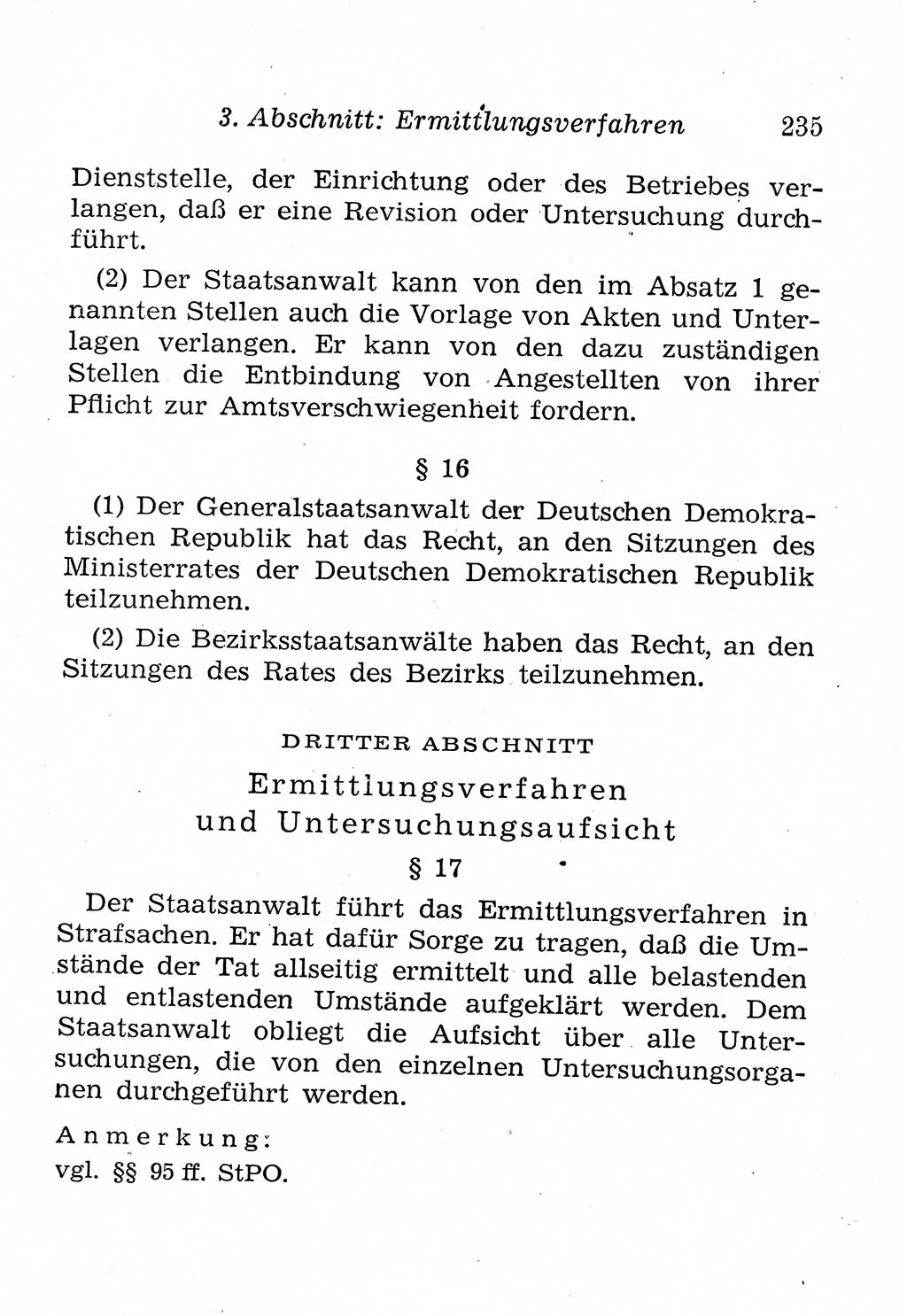 Strafprozeßordnung (StPO), Gerichtsverfassungsgesetz (GVG), Staatsanwaltsgesetz (StAG), Jugendgerichtsgesetz (JGG) und Strafregistergesetz (StRegG) [Deutsche Demokratische Republik (DDR)] 1958, Seite 235 (StPO GVG StAG JGG StRegG DDR 1958, S. 235)