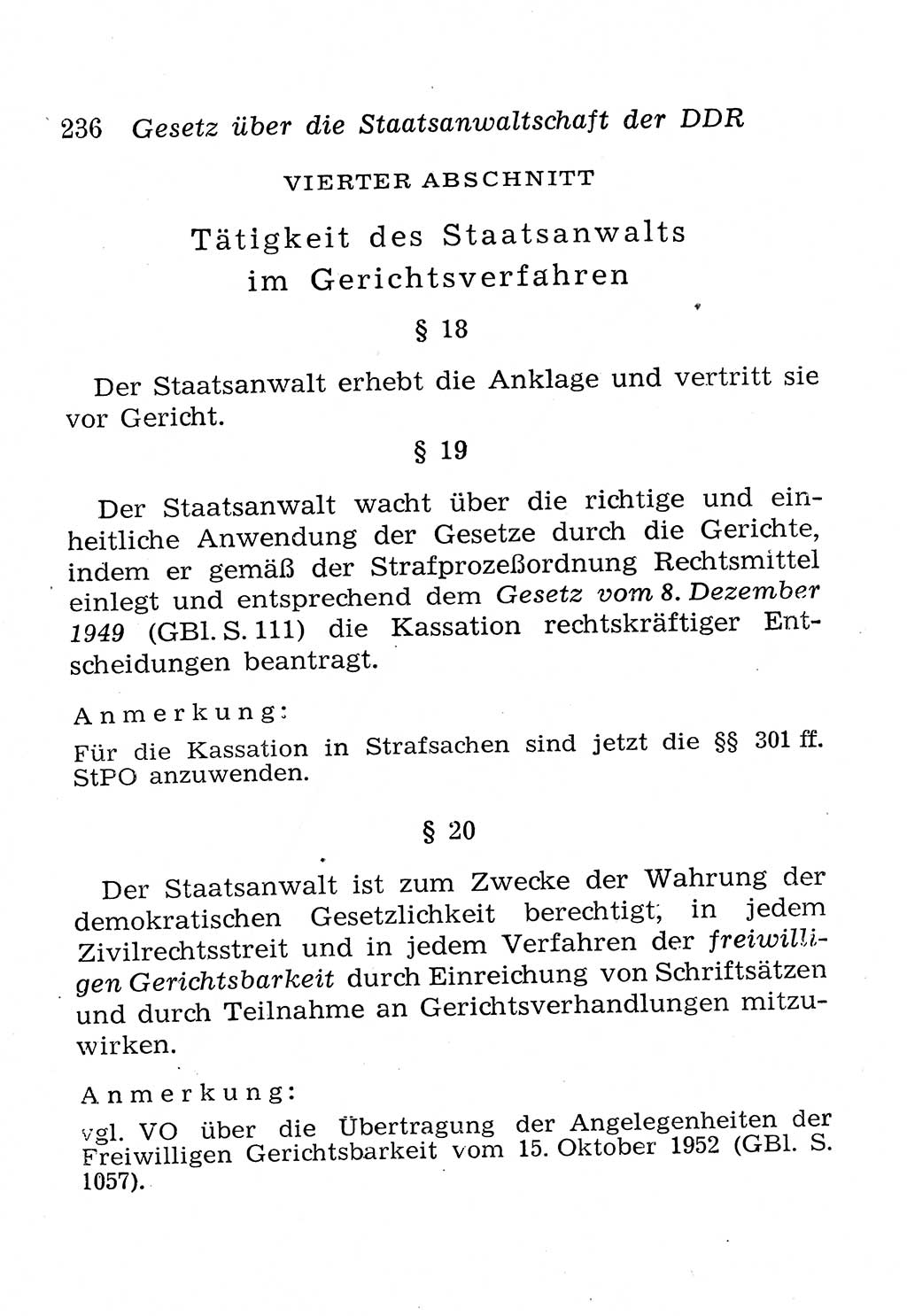 Strafprozeßordnung (StPO), Gerichtsverfassungsgesetz (GVG), Staatsanwaltsgesetz (StAG), Jugendgerichtsgesetz (JGG) und Strafregistergesetz (StRegG) [Deutsche Demokratische Republik (DDR)] 1958, Seite 236 (StPO GVG StAG JGG StRegG DDR 1958, S. 236)