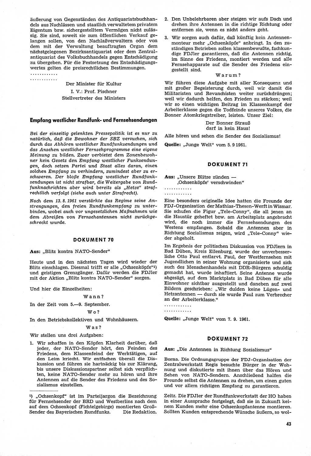 Unrecht als System, Dokumente über planmäßige Rechtsverletzungen in der Sowjetzone Deutschlands, zusammengestellt vom Untersuchungsausschuß Freiheitlicher Juristen (UFJ), Teil Ⅳ 1958-1961, herausgegeben vom Bundesministerium für gesamtdeutsche Fragen, Bonn und Berlin 1962, Seite 43 (Unr. Syst. 1958-1961, S. 43)