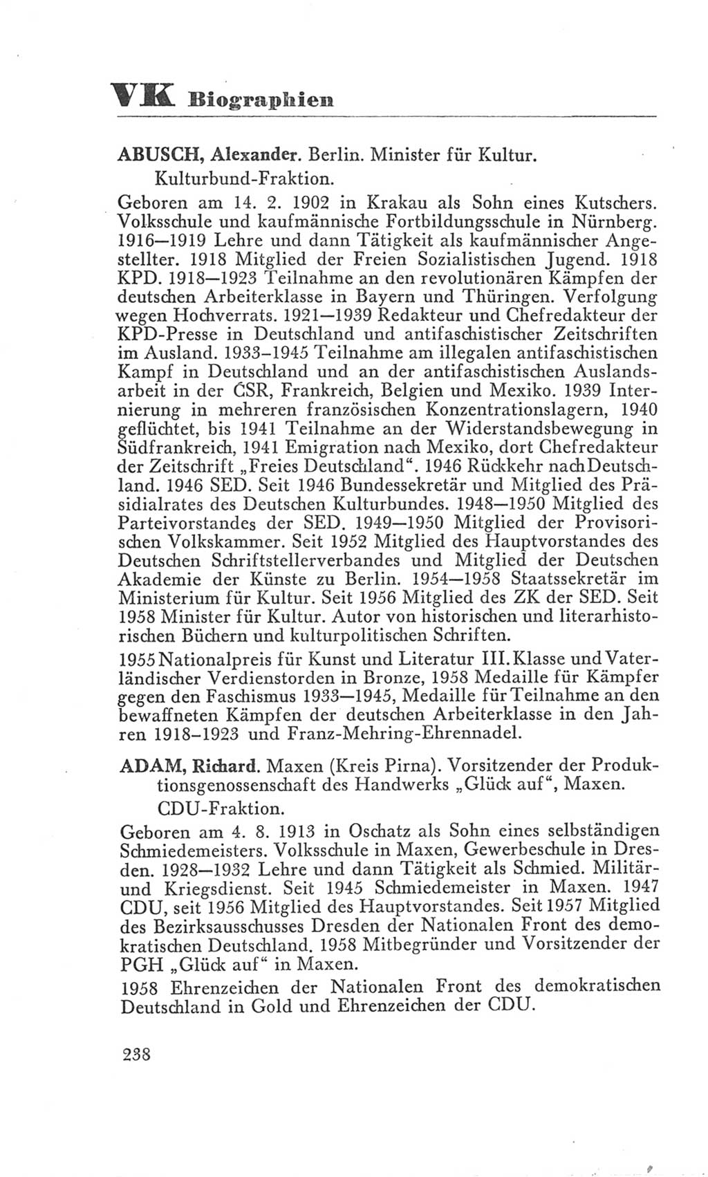Handbuch der Volkskammer (VK) der Deutschen Demokratischen Republik (DDR), 3. Wahlperiode 1958-1963, Seite 238 (Hdb. VK. DDR 3. WP. 1958-1963, S. 238)
