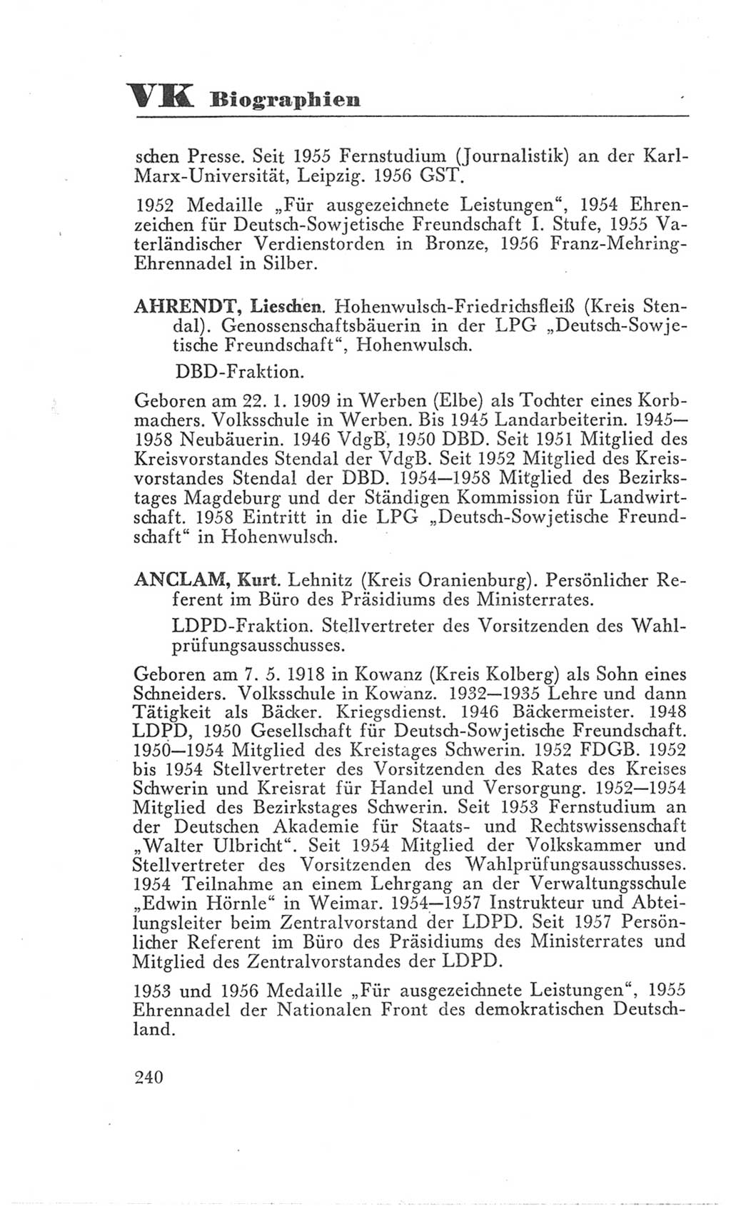 Handbuch der Volkskammer (VK) der Deutschen Demokratischen Republik (DDR), 3. Wahlperiode 1958-1963, Seite 240 (Hdb. VK. DDR 3. WP. 1958-1963, S. 240)