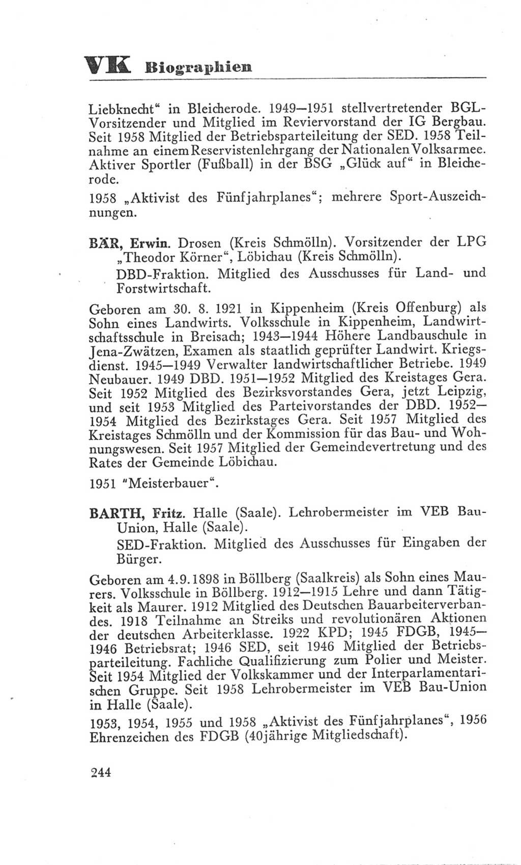 Handbuch der Volkskammer (VK) der Deutschen Demokratischen Republik (DDR), 3. Wahlperiode 1958-1963, Seite 244 (Hdb. VK. DDR 3. WP. 1958-1963, S. 244)