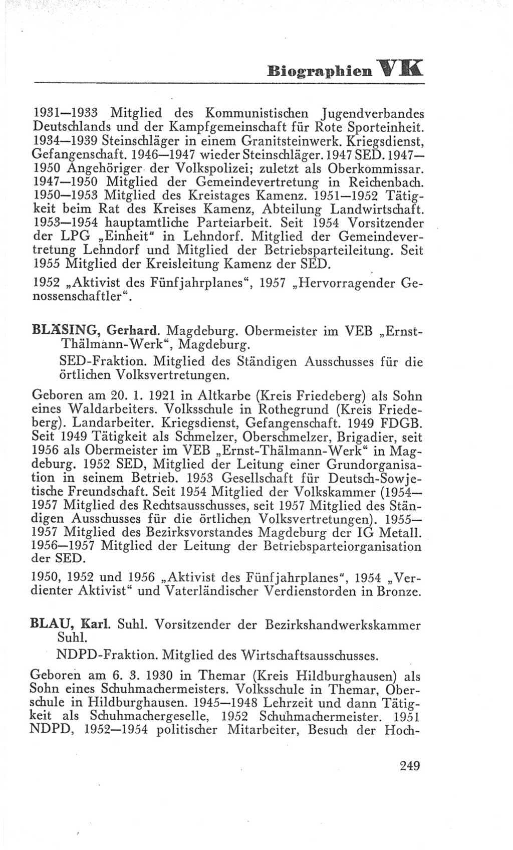 Handbuch der Volkskammer (VK) der Deutschen Demokratischen Republik (DDR), 3. Wahlperiode 1958-1963, Seite 249 (Hdb. VK. DDR 3. WP. 1958-1963, S. 249)