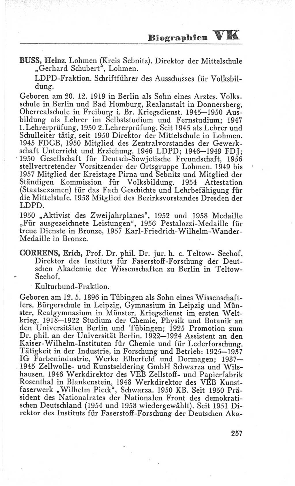 Handbuch der Volkskammer (VK) der Deutschen Demokratischen Republik (DDR), 3. Wahlperiode 1958-1963, Seite 257 (Hdb. VK. DDR 3. WP. 1958-1963, S. 257)