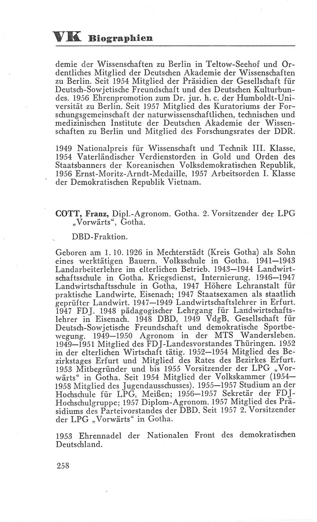 Handbuch der Volkskammer (VK) der Deutschen Demokratischen Republik (DDR), 3. Wahlperiode 1958-1963, Seite 258 (Hdb. VK. DDR 3. WP. 1958-1963, S. 258)