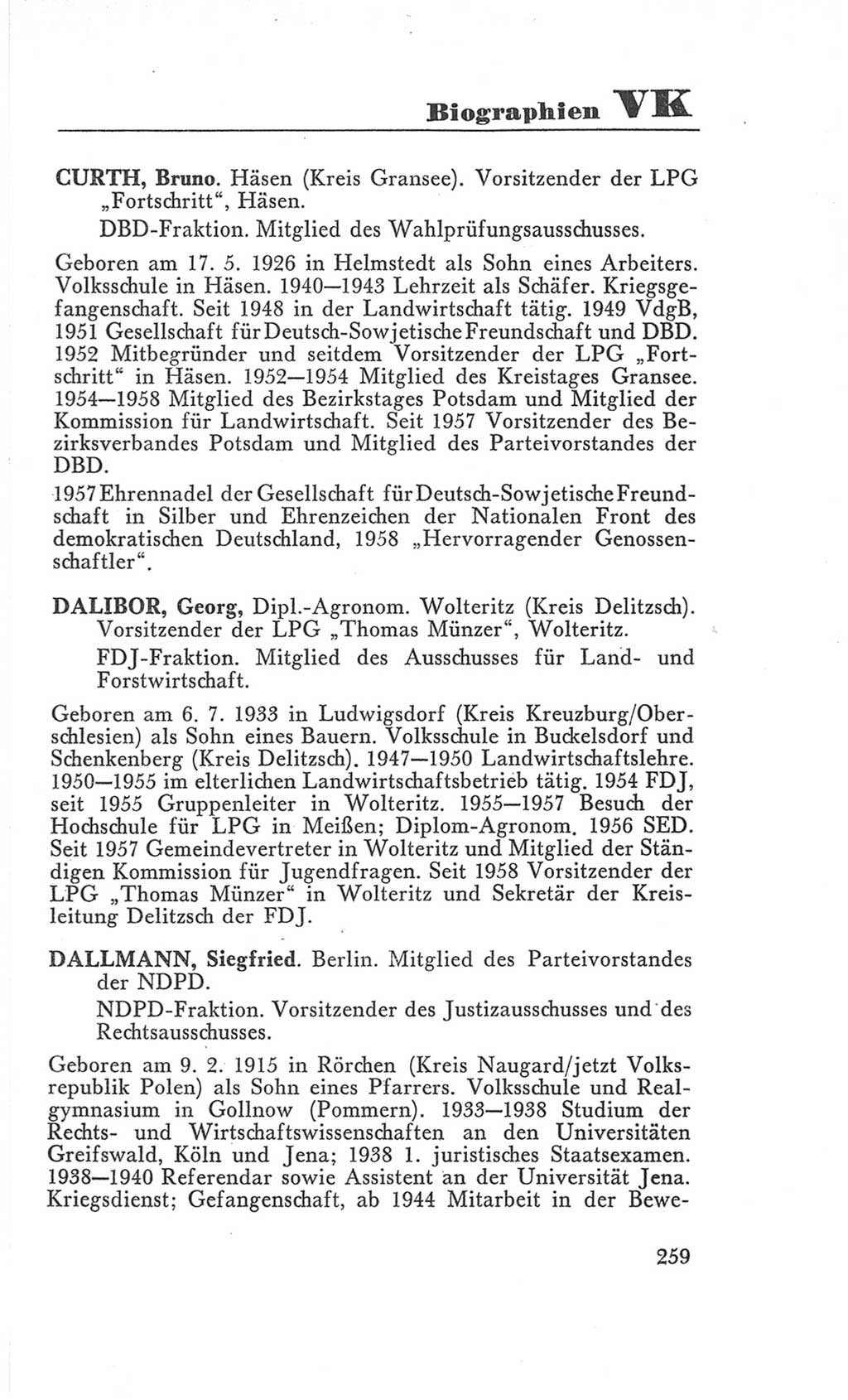 Handbuch der Volkskammer (VK) der Deutschen Demokratischen Republik (DDR), 3. Wahlperiode 1958-1963, Seite 259 (Hdb. VK. DDR 3. WP. 1958-1963, S. 259)