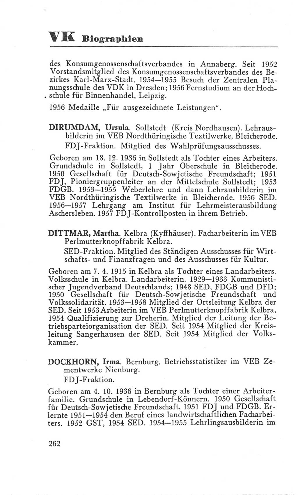 Handbuch der Volkskammer (VK) der Deutschen Demokratischen Republik (DDR), 3. Wahlperiode 1958-1963, Seite 262 (Hdb. VK. DDR 3. WP. 1958-1963, S. 262)