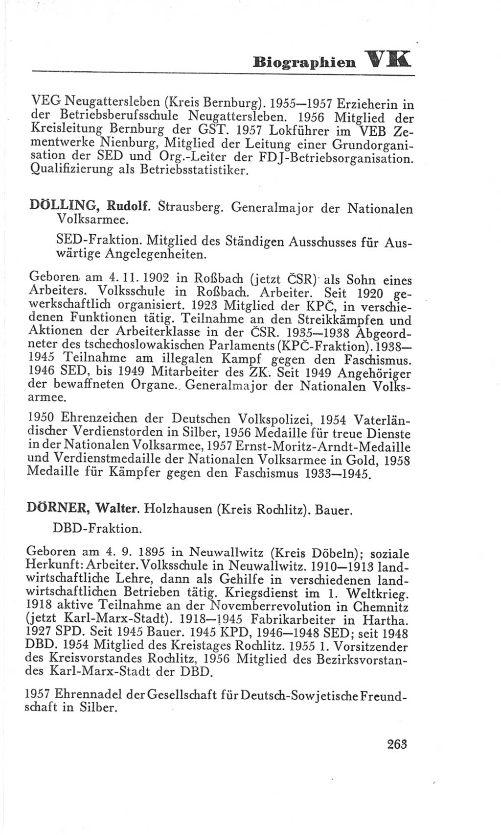 Handbuch der Volkskammer (VK) der Deutschen Demokratischen Republik (DDR), 3. Wahlperiode 1958-1963, Seite 263 (Hdb. VK. DDR 3. WP. 1958-1963, S. 263)