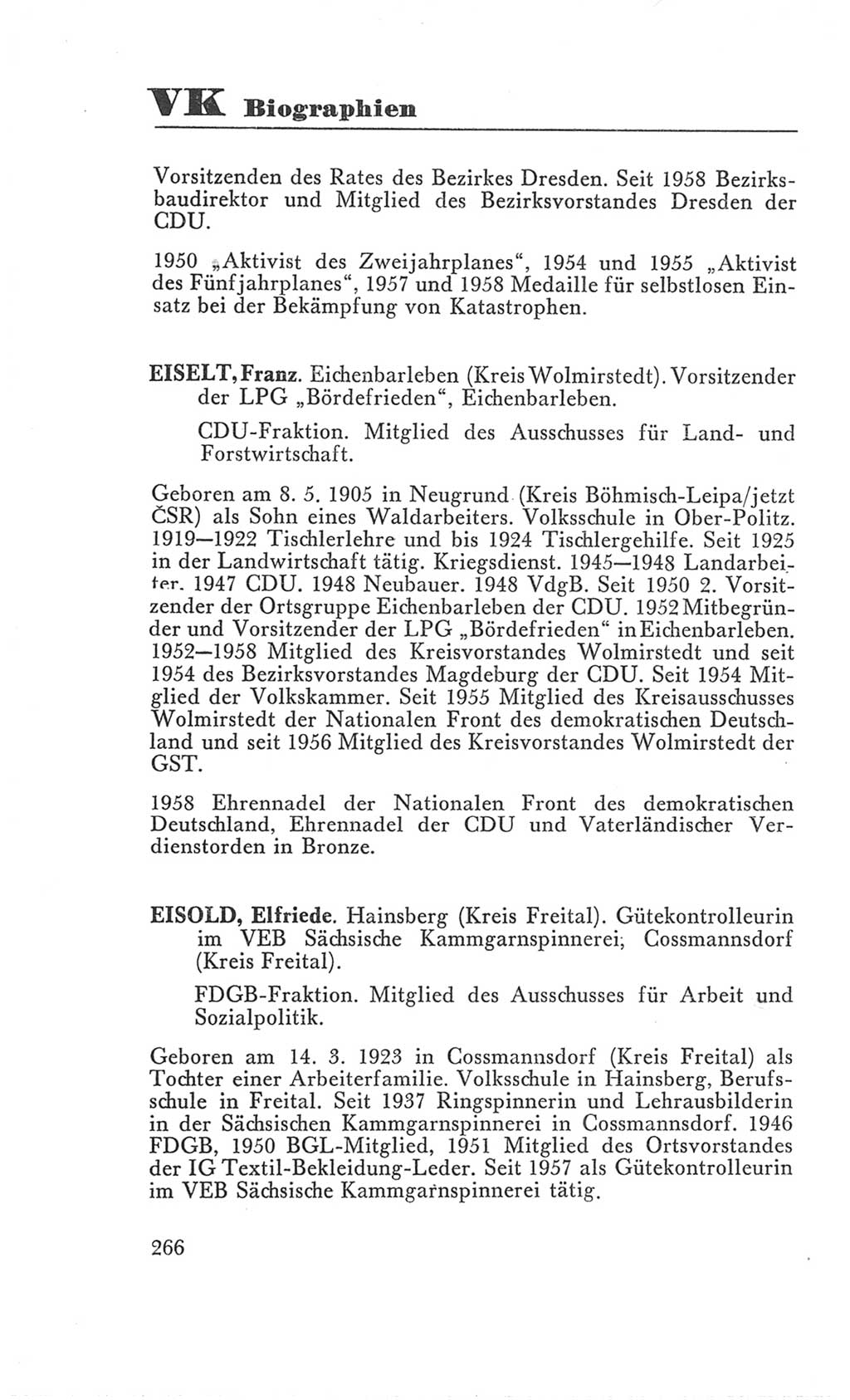 Handbuch der Volkskammer (VK) der Deutschen Demokratischen Republik (DDR), 3. Wahlperiode 1958-1963, Seite 266 (Hdb. VK. DDR 3. WP. 1958-1963, S. 266)