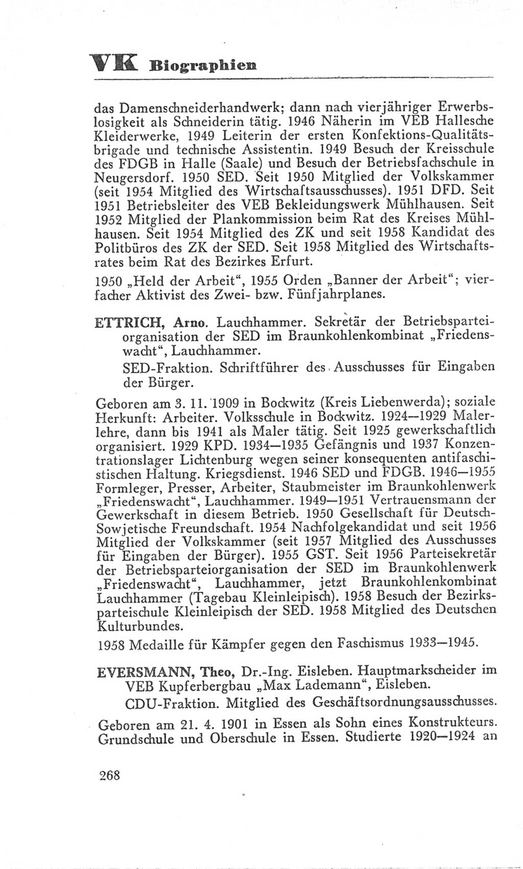 Handbuch der Volkskammer (VK) der Deutschen Demokratischen Republik (DDR), 3. Wahlperiode 1958-1963, Seite 268 (Hdb. VK. DDR 3. WP. 1958-1963, S. 268)