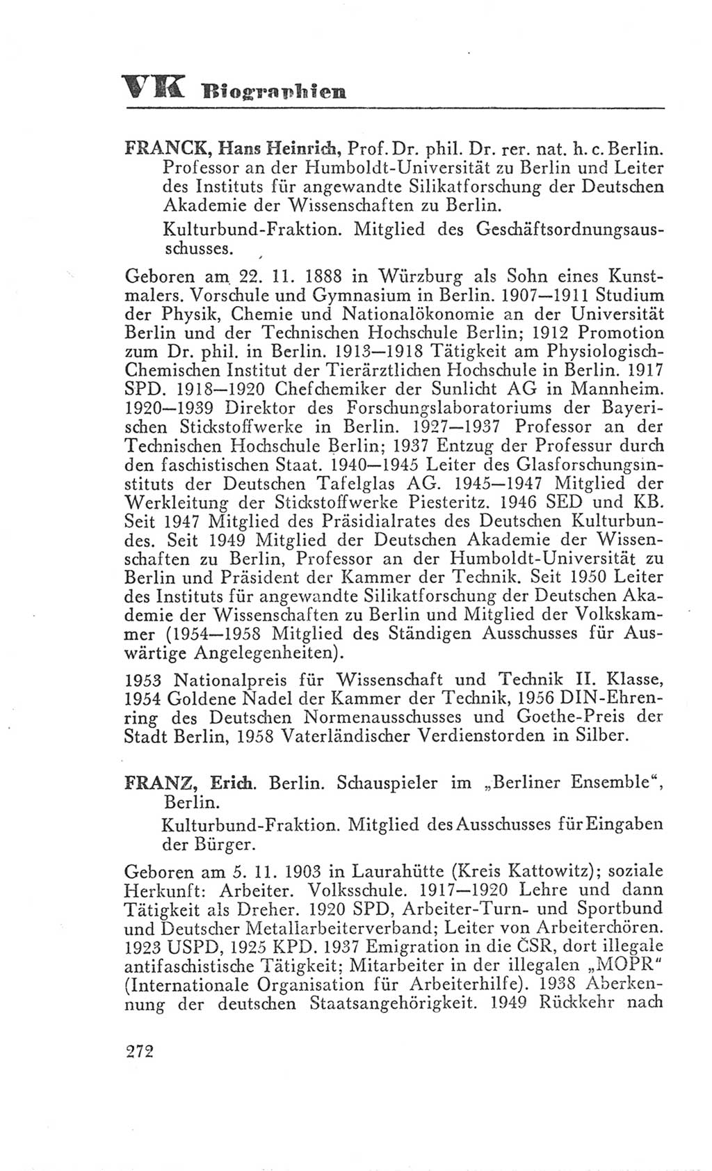 Handbuch der Volkskammer (VK) der Deutschen Demokratischen Republik (DDR), 3. Wahlperiode 1958-1963, Seite 272 (Hdb. VK. DDR 3. WP. 1958-1963, S. 272)
