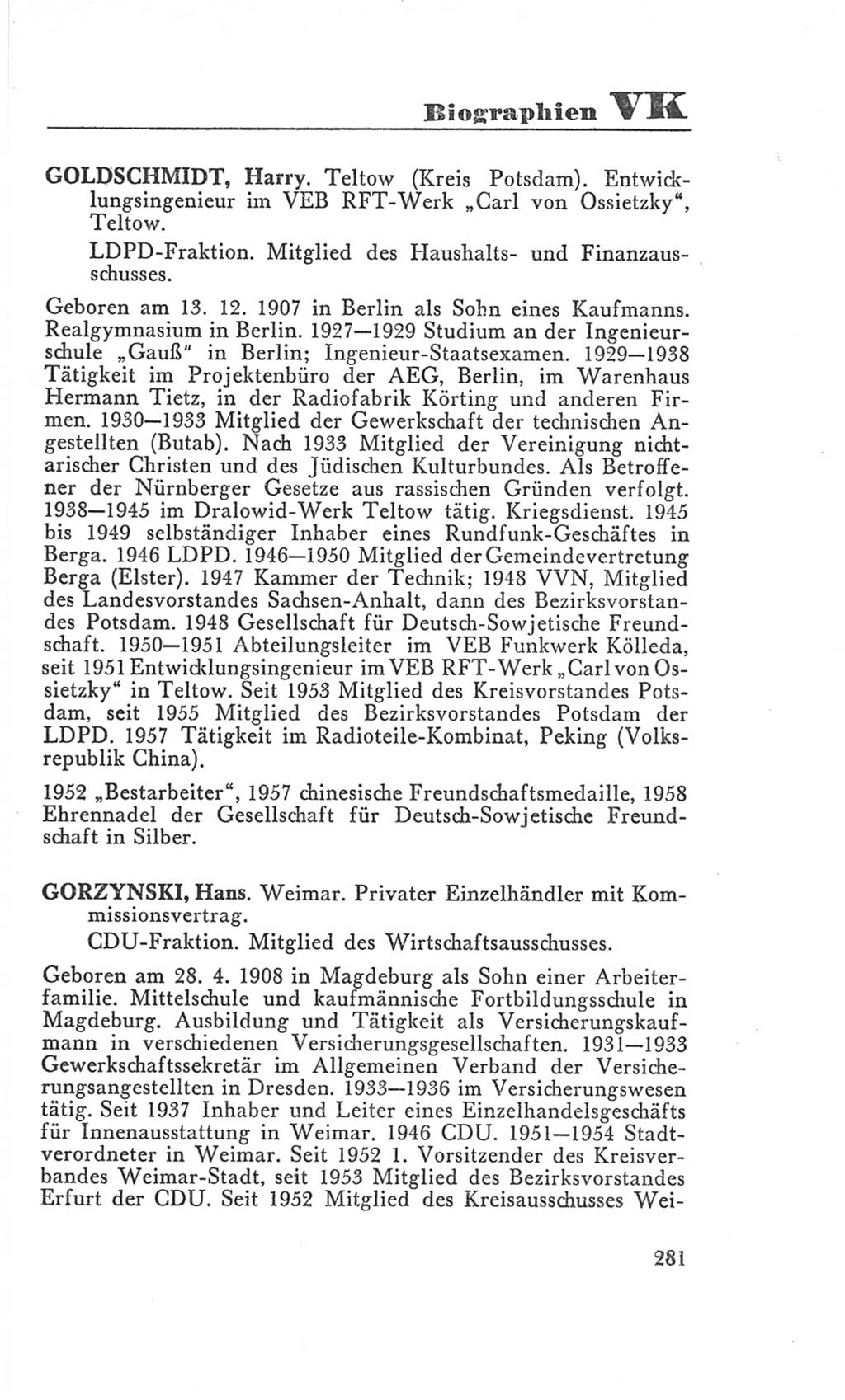 Handbuch der Volkskammer (VK) der Deutschen Demokratischen Republik (DDR), 3. Wahlperiode 1958-1963, Seite 281 (Hdb. VK. DDR 3. WP. 1958-1963, S. 281)