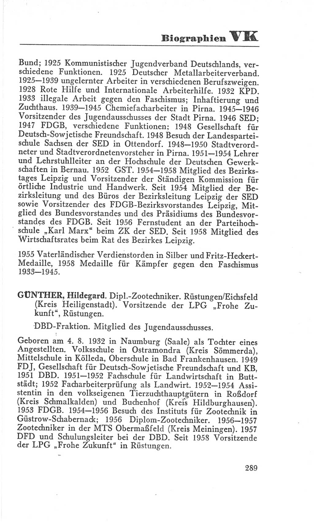 Handbuch der Volkskammer (VK) der Deutschen Demokratischen Republik (DDR), 3. Wahlperiode 1958-1963, Seite 289 (Hdb. VK. DDR 3. WP. 1958-1963, S. 289)