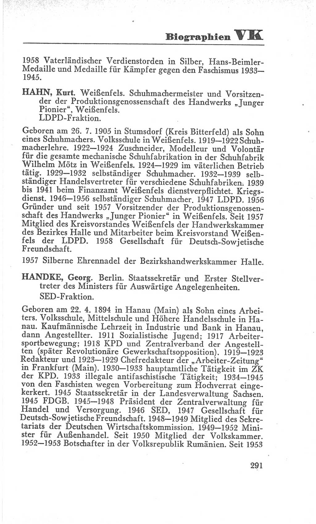 Handbuch der Volkskammer (VK) der Deutschen Demokratischen Republik (DDR), 3. Wahlperiode 1958-1963, Seite 291 (Hdb. VK. DDR 3. WP. 1958-1963, S. 291)