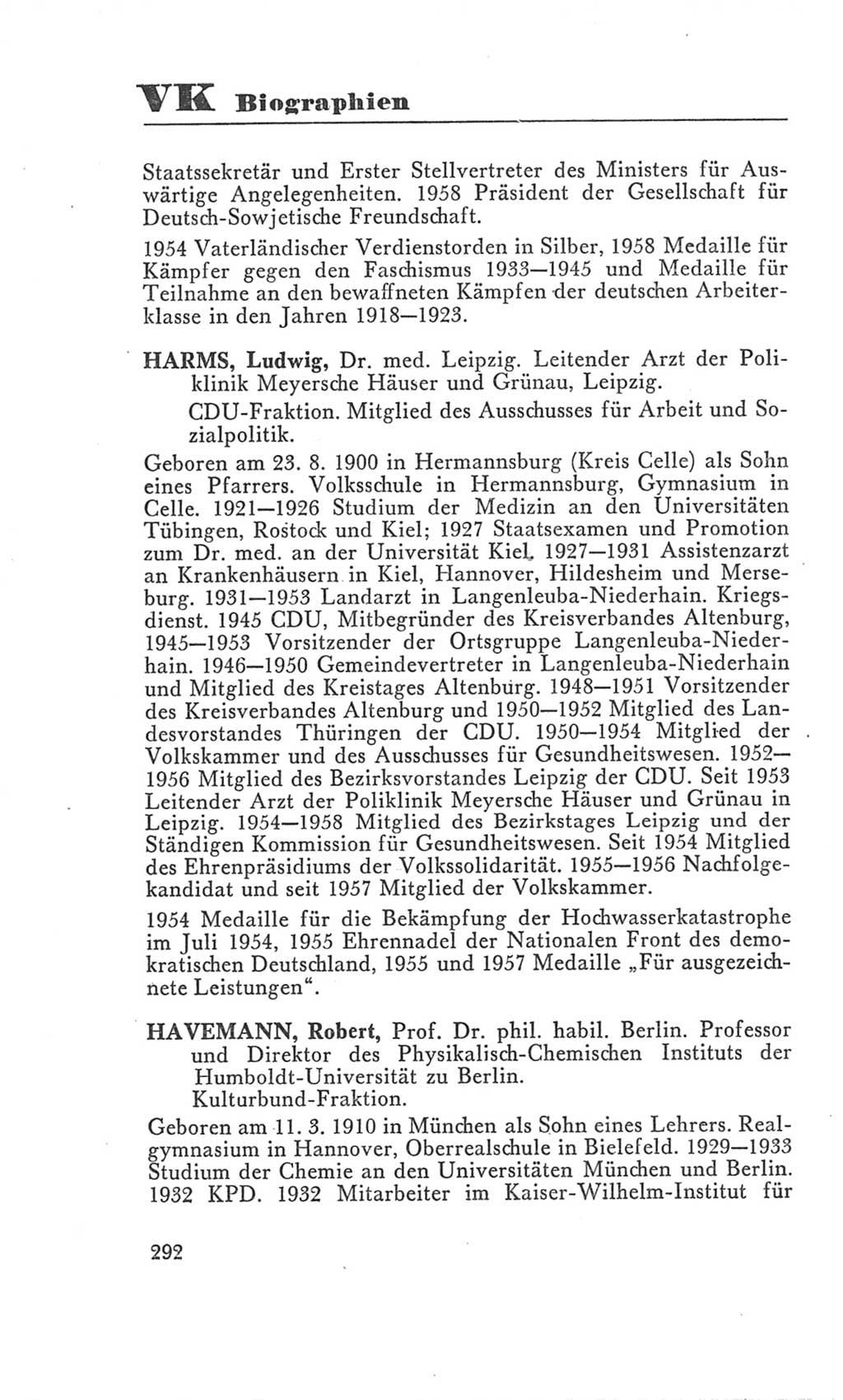 Handbuch der Volkskammer (VK) der Deutschen Demokratischen Republik (DDR), 3. Wahlperiode 1958-1963, Seite 292 (Hdb. VK. DDR 3. WP. 1958-1963, S. 292)