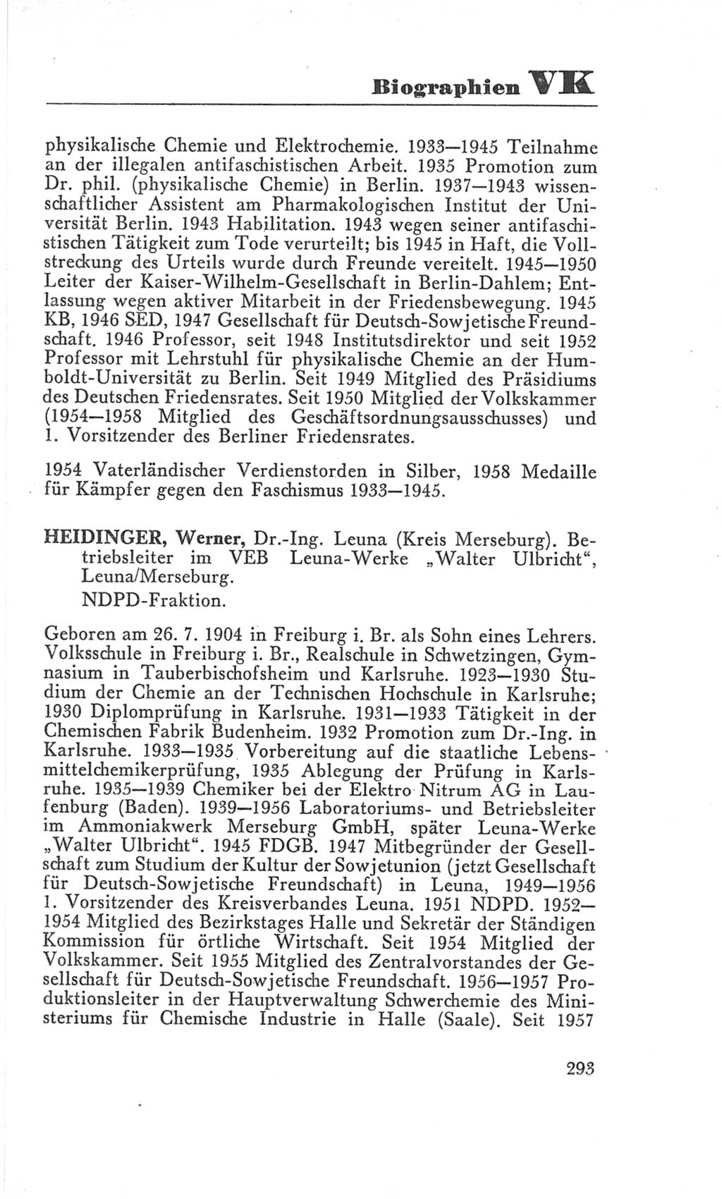 Handbuch der Volkskammer (VK) der Deutschen Demokratischen Republik (DDR), 3. Wahlperiode 1958-1963, Seite 293 (Hdb. VK. DDR 3. WP. 1958-1963, S. 293)