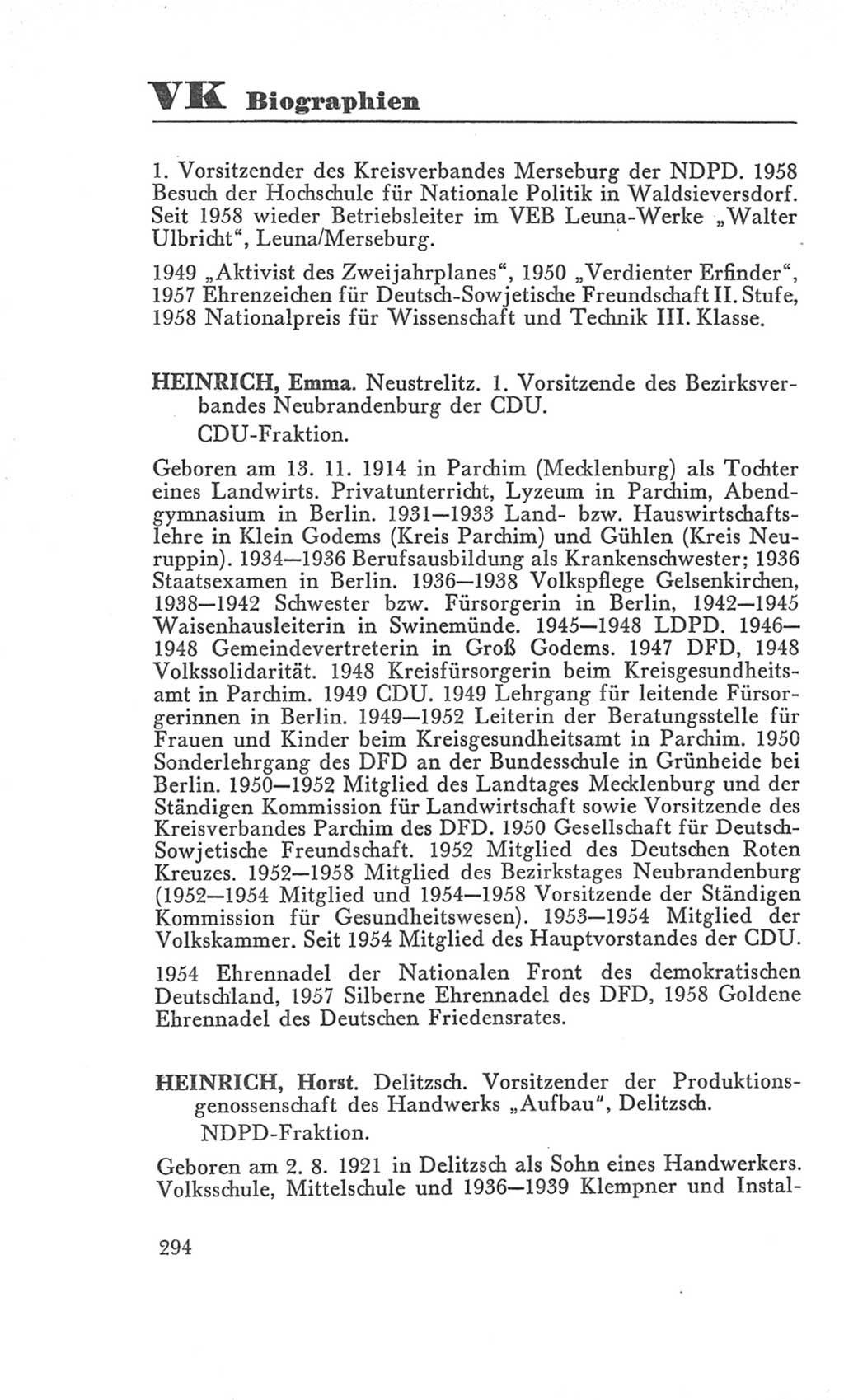 Handbuch der Volkskammer (VK) der Deutschen Demokratischen Republik (DDR), 3. Wahlperiode 1958-1963, Seite 294 (Hdb. VK. DDR 3. WP. 1958-1963, S. 294)