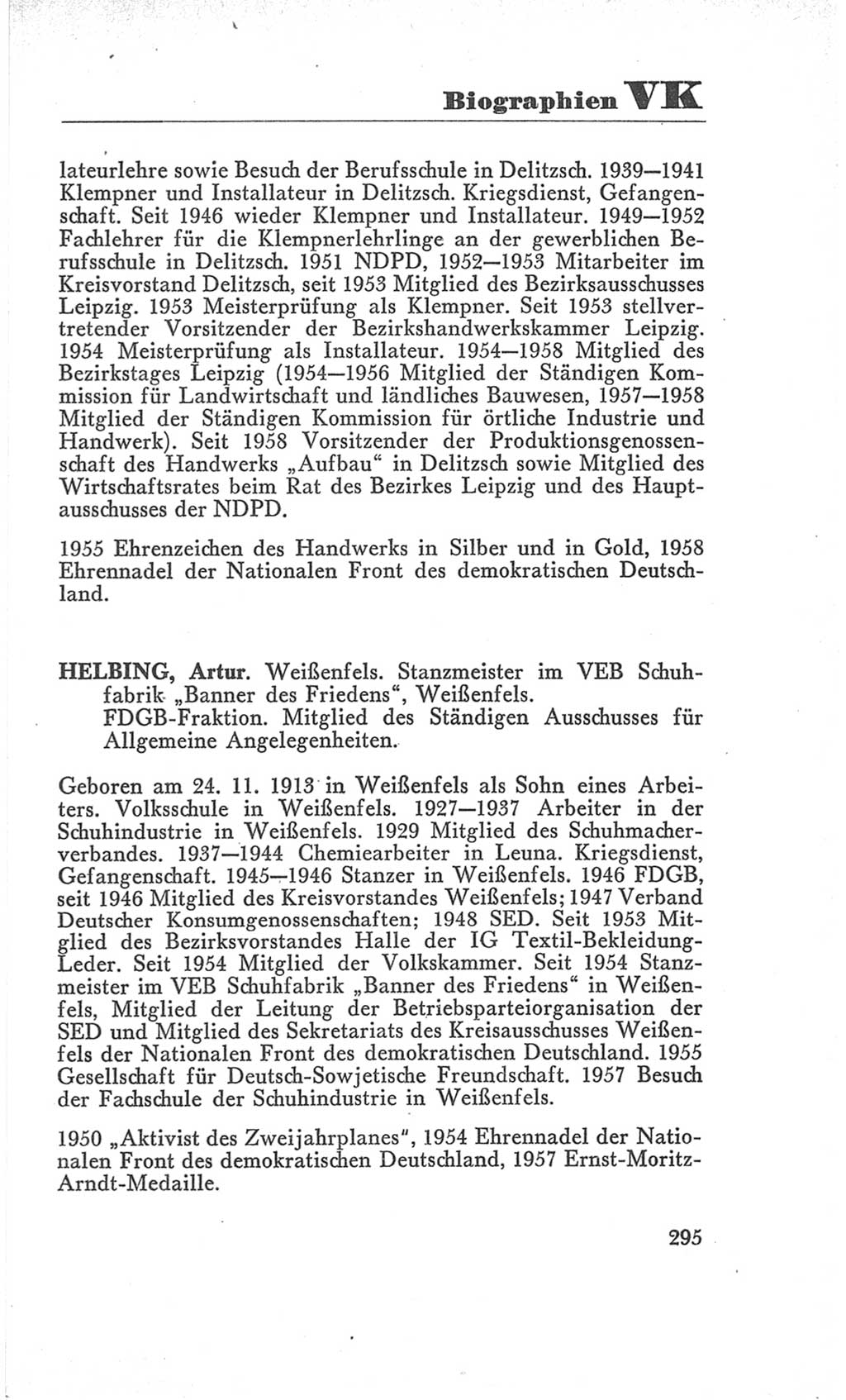 Handbuch der Volkskammer (VK) der Deutschen Demokratischen Republik (DDR), 3. Wahlperiode 1958-1963, Seite 295 (Hdb. VK. DDR 3. WP. 1958-1963, S. 295)