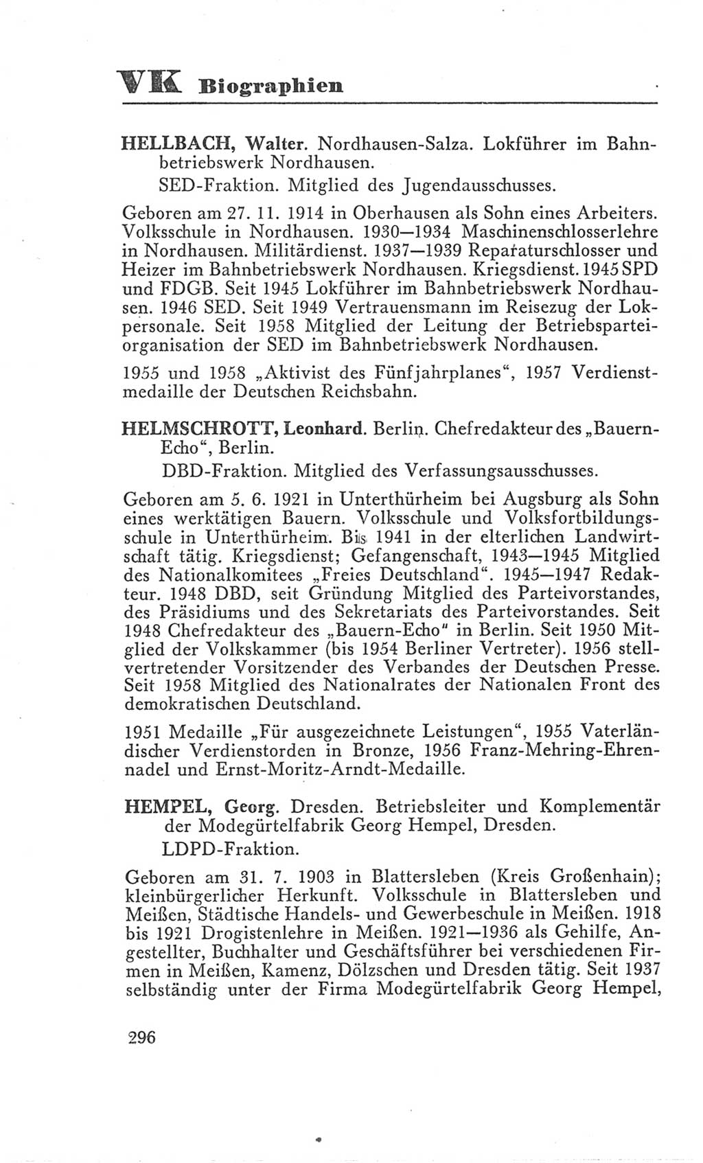 Handbuch der Volkskammer (VK) der Deutschen Demokratischen Republik (DDR), 3. Wahlperiode 1958-1963, Seite 296 (Hdb. VK. DDR 3. WP. 1958-1963, S. 296)