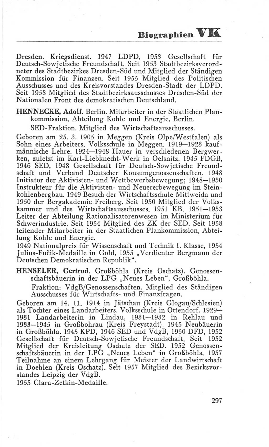 Handbuch der Volkskammer (VK) der Deutschen Demokratischen Republik (DDR), 3. Wahlperiode 1958-1963, Seite 297 (Hdb. VK. DDR 3. WP. 1958-1963, S. 297)