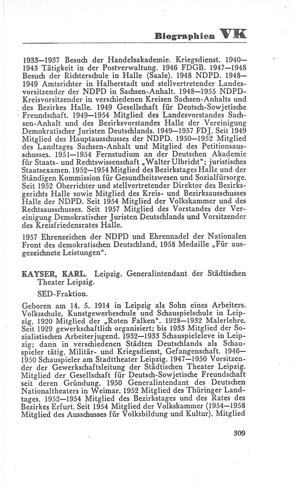 Handbuch der Volkskammer (VK) der Deutschen Demokratischen Republik (DDR), 3. Wahlperiode 1958-1963, Seite 309 (Hdb. VK. DDR 3. WP. 1958-1963, S. 309)
