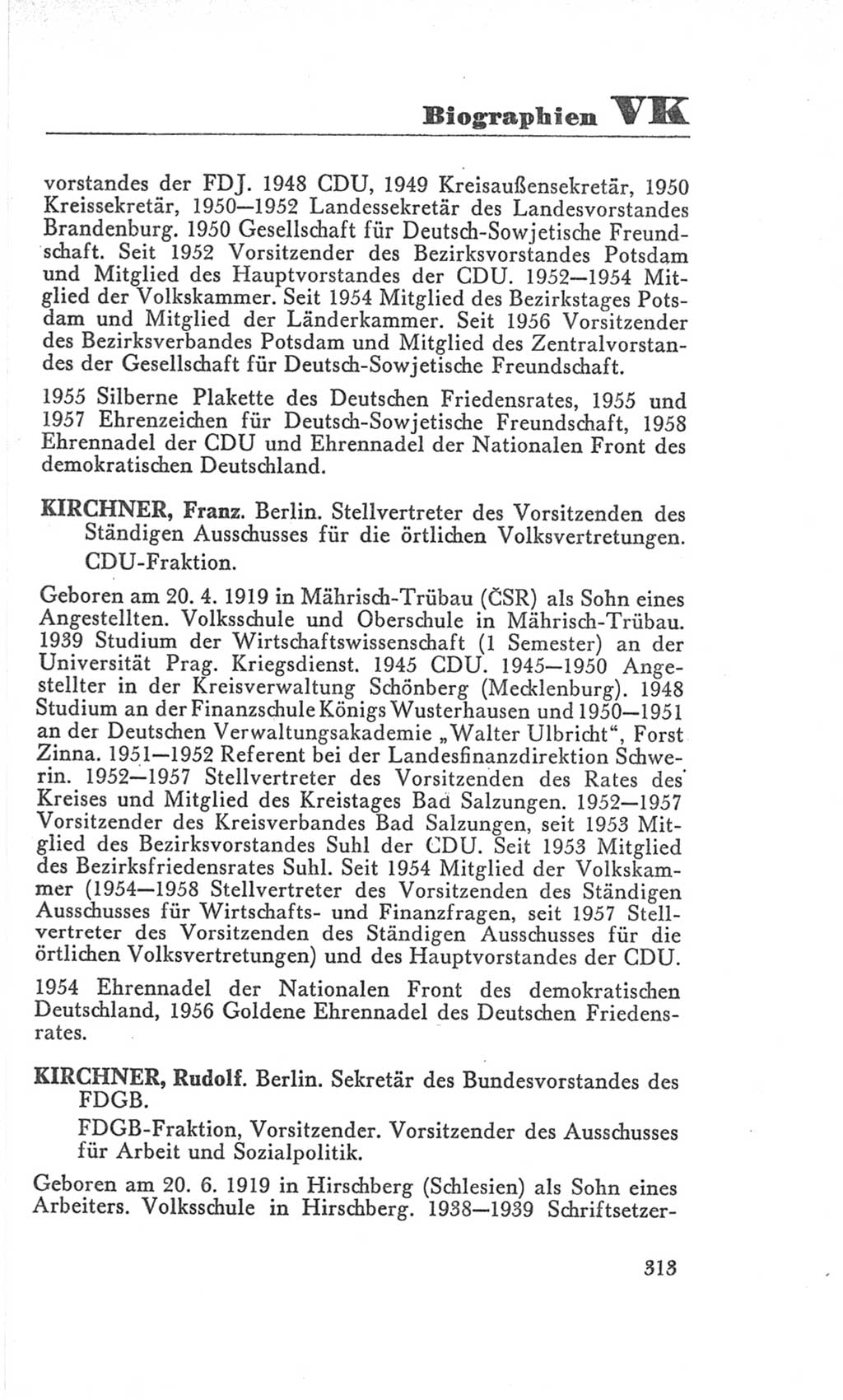 Handbuch der Volkskammer (VK) der Deutschen Demokratischen Republik (DDR), 3. Wahlperiode 1958-1963, Seite 313 (Hdb. VK. DDR 3. WP. 1958-1963, S. 313)