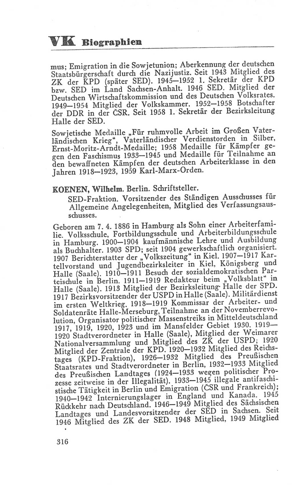 Handbuch der Volkskammer (VK) der Deutschen Demokratischen Republik (DDR), 3. Wahlperiode 1958-1963, Seite 316 (Hdb. VK. DDR 3. WP. 1958-1963, S. 316)