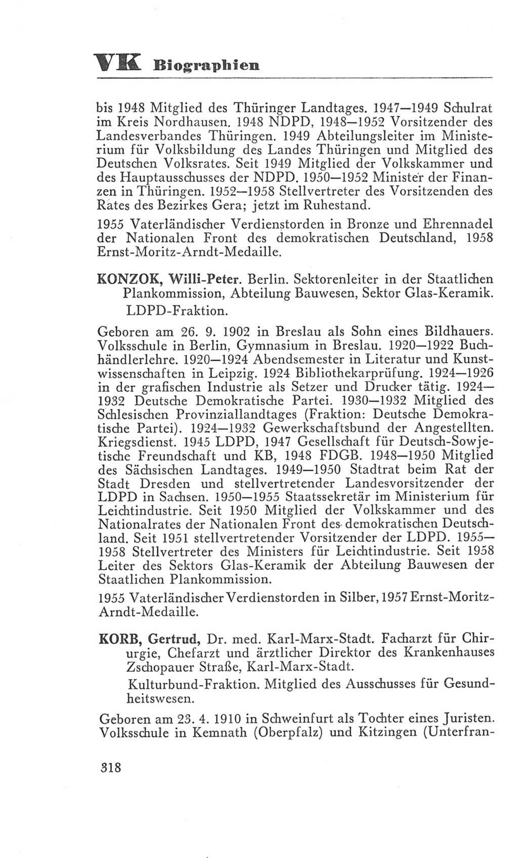 Handbuch der Volkskammer (VK) der Deutschen Demokratischen Republik (DDR), 3. Wahlperiode 1958-1963, Seite 318 (Hdb. VK. DDR 3. WP. 1958-1963, S. 318)