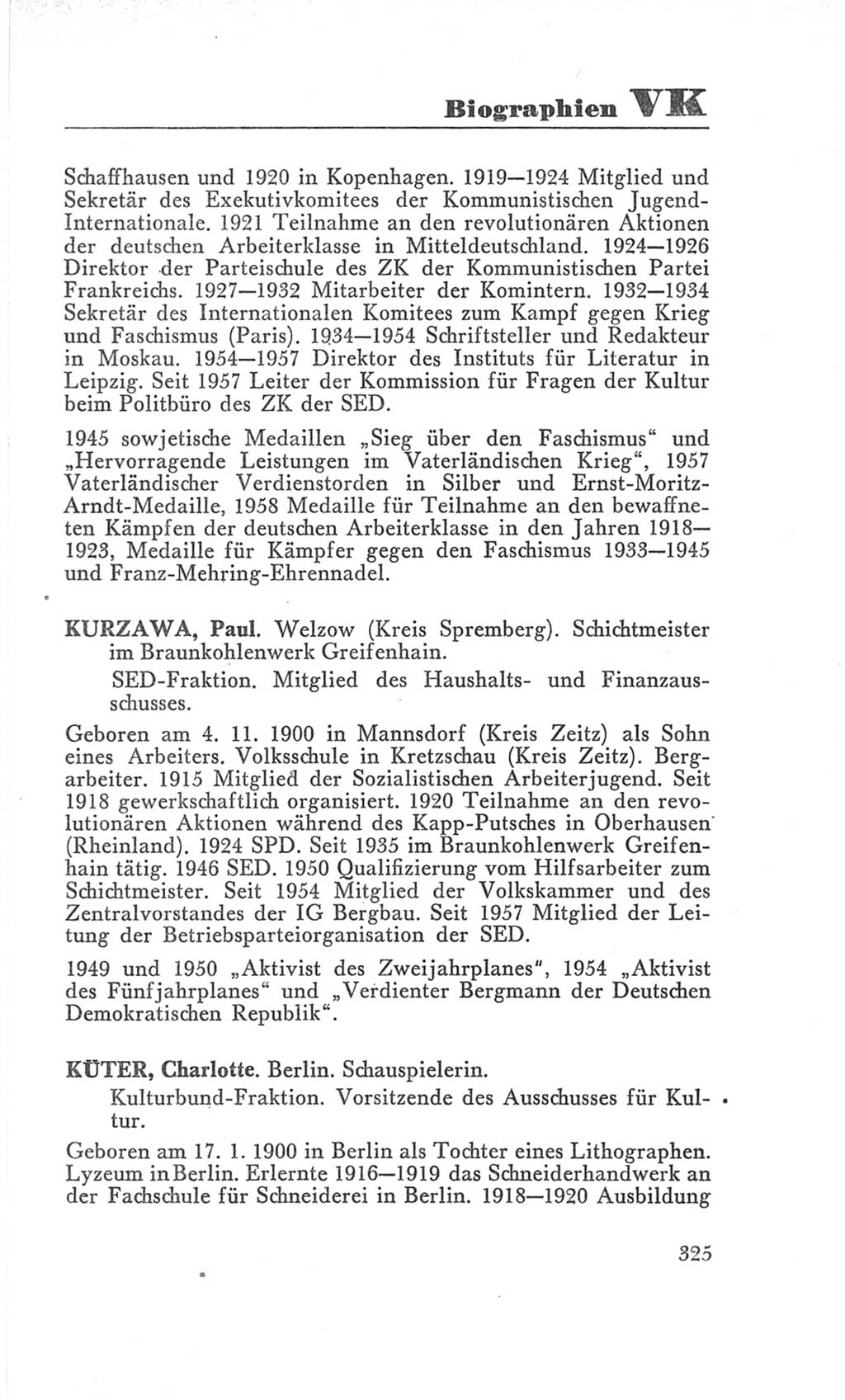 Handbuch der Volkskammer (VK) der Deutschen Demokratischen Republik (DDR), 3. Wahlperiode 1958-1963, Seite 325 (Hdb. VK. DDR 3. WP. 1958-1963, S. 325)