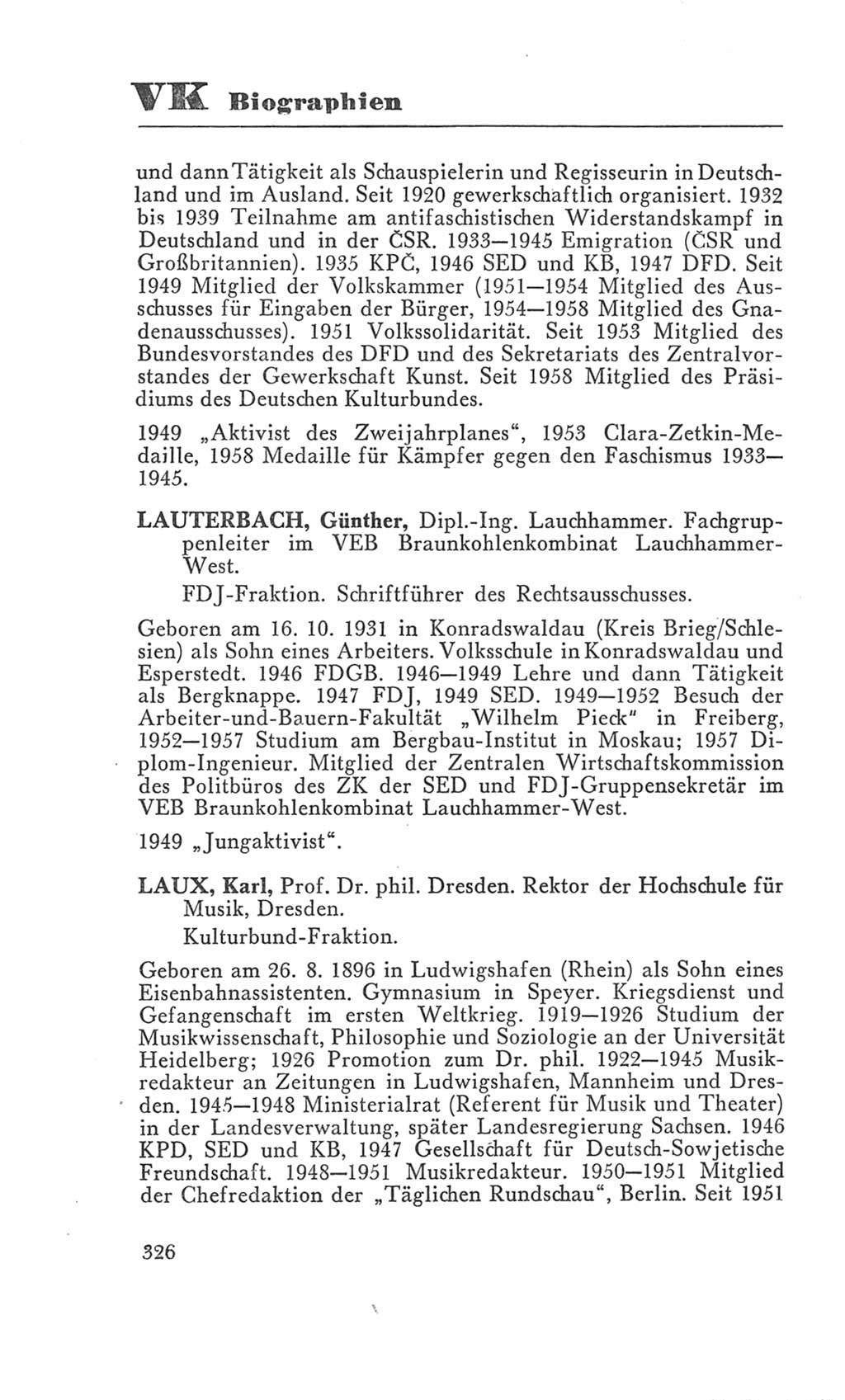 Handbuch der Volkskammer (VK) der Deutschen Demokratischen Republik (DDR), 3. Wahlperiode 1958-1963, Seite 326 (Hdb. VK. DDR 3. WP. 1958-1963, S. 326)