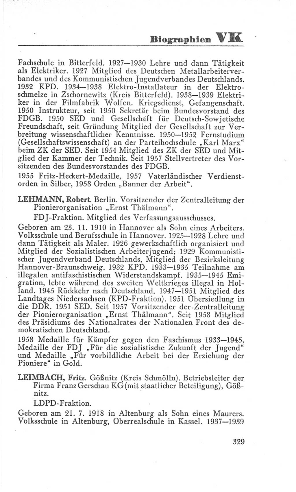Handbuch der Volkskammer (VK) der Deutschen Demokratischen Republik (DDR), 3. Wahlperiode 1958-1963, Seite 329 (Hdb. VK. DDR 3. WP. 1958-1963, S. 329)