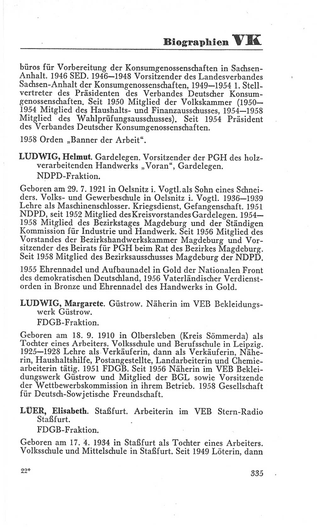 Handbuch der Volkskammer (VK) der Deutschen Demokratischen Republik (DDR), 3. Wahlperiode 1958-1963, Seite 335 (Hdb. VK. DDR 3. WP. 1958-1963, S. 335)