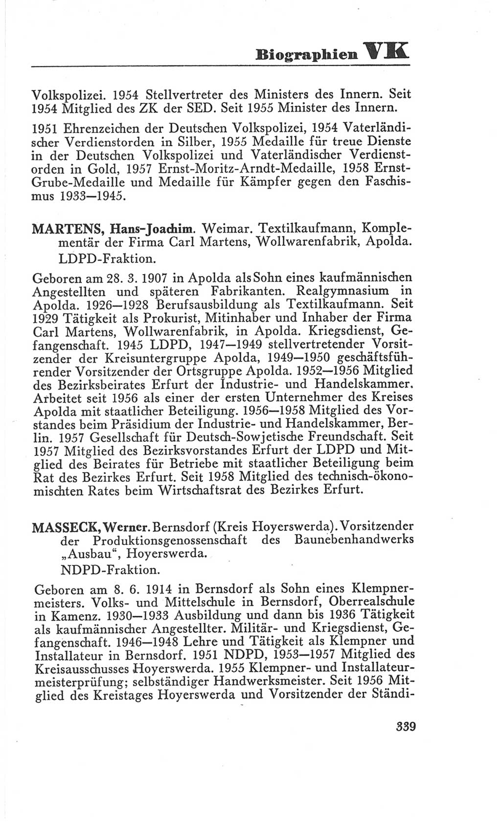 Handbuch der Volkskammer (VK) der Deutschen Demokratischen Republik (DDR), 3. Wahlperiode 1958-1963, Seite 339 (Hdb. VK. DDR 3. WP. 1958-1963, S. 339)