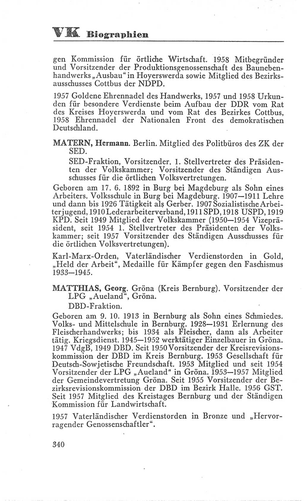 Handbuch der Volkskammer (VK) der Deutschen Demokratischen Republik (DDR), 3. Wahlperiode 1958-1963, Seite 340 (Hdb. VK. DDR 3. WP. 1958-1963, S. 340)