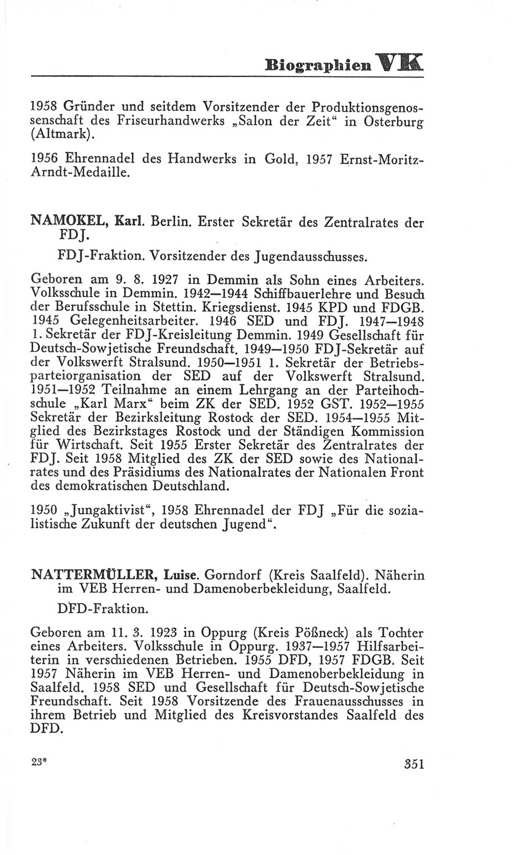 Handbuch der Volkskammer (VK) der Deutschen Demokratischen Republik (DDR), 3. Wahlperiode 1958-1963, Seite 351 (Hdb. VK. DDR 3. WP. 1958-1963, S. 351)