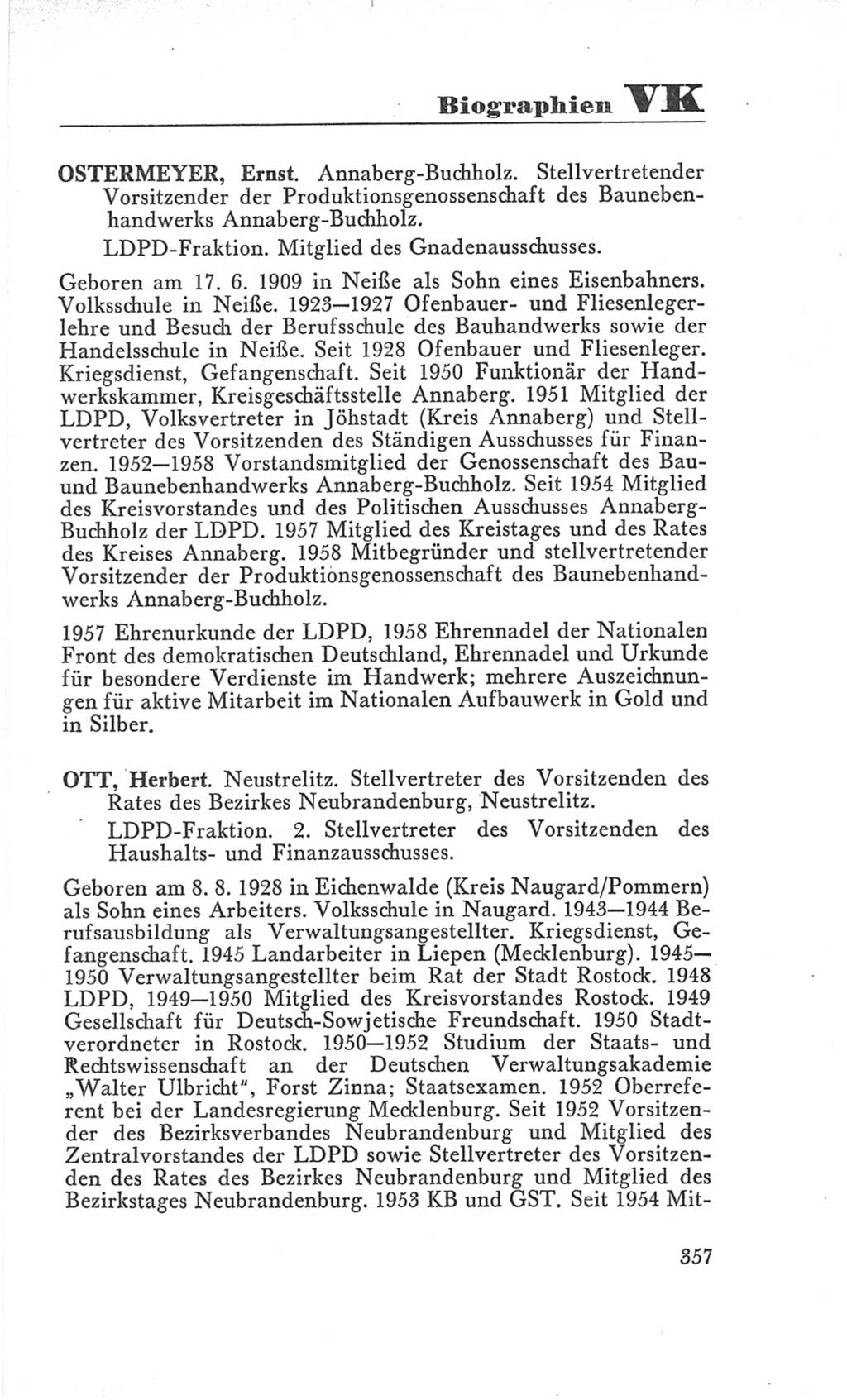 Handbuch der Volkskammer (VK) der Deutschen Demokratischen Republik (DDR), 3. Wahlperiode 1958-1963, Seite 357 (Hdb. VK. DDR 3. WP. 1958-1963, S. 357)