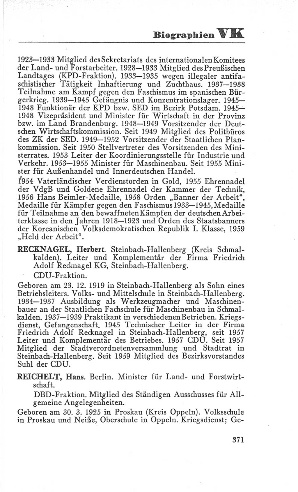 Handbuch der Volkskammer (VK) der Deutschen Demokratischen Republik (DDR), 3. Wahlperiode 1958-1963, Seite 371 (Hdb. VK. DDR 3. WP. 1958-1963, S. 371)
