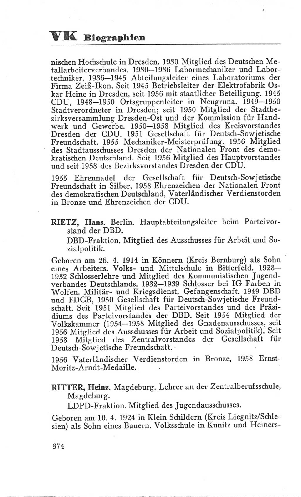 Handbuch der Volkskammer (VK) der Deutschen Demokratischen Republik (DDR), 3. Wahlperiode 1958-1963, Seite 374 (Hdb. VK. DDR 3. WP. 1958-1963, S. 374)
