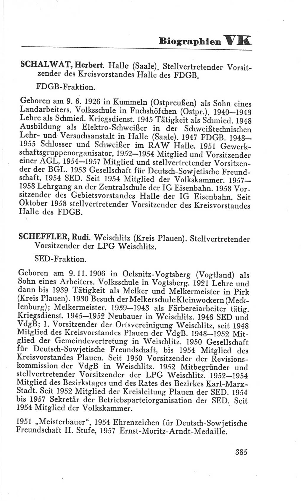 Handbuch der Volkskammer (VK) der Deutschen Demokratischen Republik (DDR), 3. Wahlperiode 1958-1963, Seite 385 (Hdb. VK. DDR 3. WP. 1958-1963, S. 385)