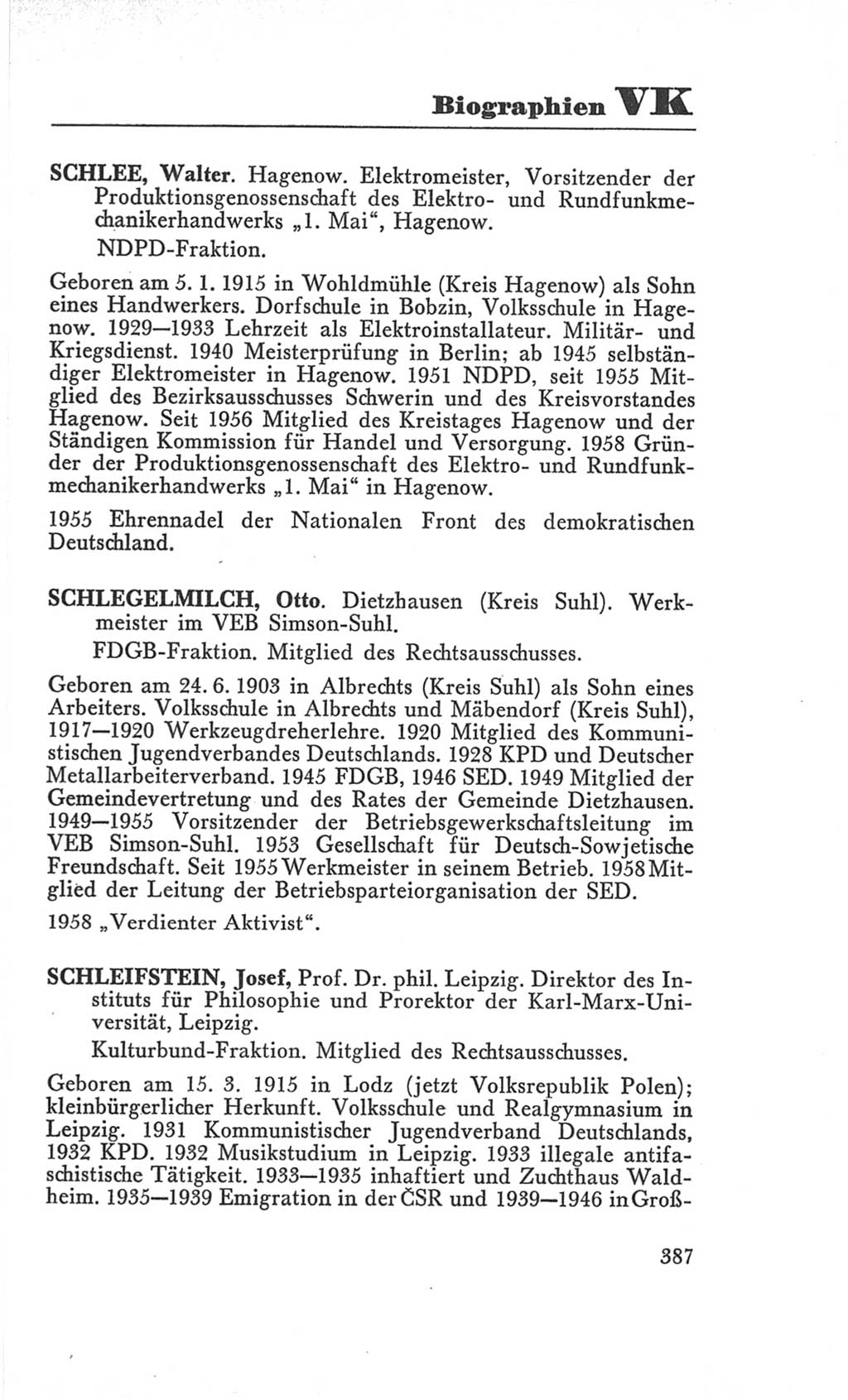Handbuch der Volkskammer (VK) der Deutschen Demokratischen Republik (DDR), 3. Wahlperiode 1958-1963, Seite 387 (Hdb. VK. DDR 3. WP. 1958-1963, S. 387)