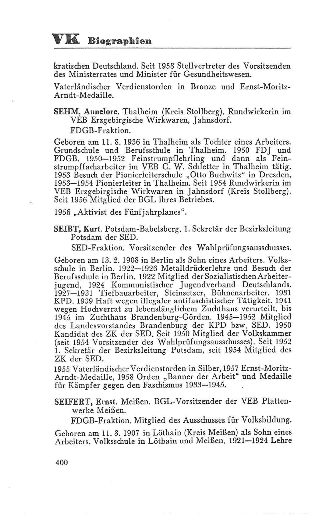 Handbuch der Volkskammer (VK) der Deutschen Demokratischen Republik (DDR), 3. Wahlperiode 1958-1963, Seite 400 (Hdb. VK. DDR 3. WP. 1958-1963, S. 400)