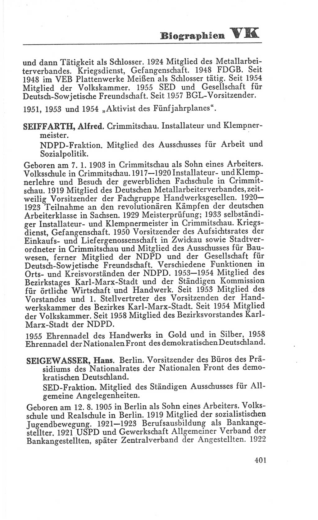 Handbuch der Volkskammer (VK) der Deutschen Demokratischen Republik (DDR), 3. Wahlperiode 1958-1963, Seite 401 (Hdb. VK. DDR 3. WP. 1958-1963, S. 401)